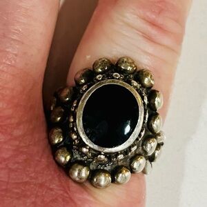 Vintage Sterling Silver Onyx Halo Ring Mexico Size 8.25 Statement, 12 grams